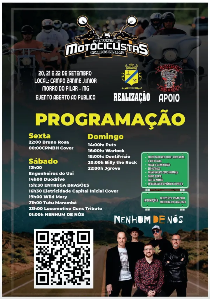 3º Encontro de Motociclistas e Simpatizantes – 20/09/2024 a 22/09/2024 – Campo Zanine Júnior | Morro do Pilar – MG