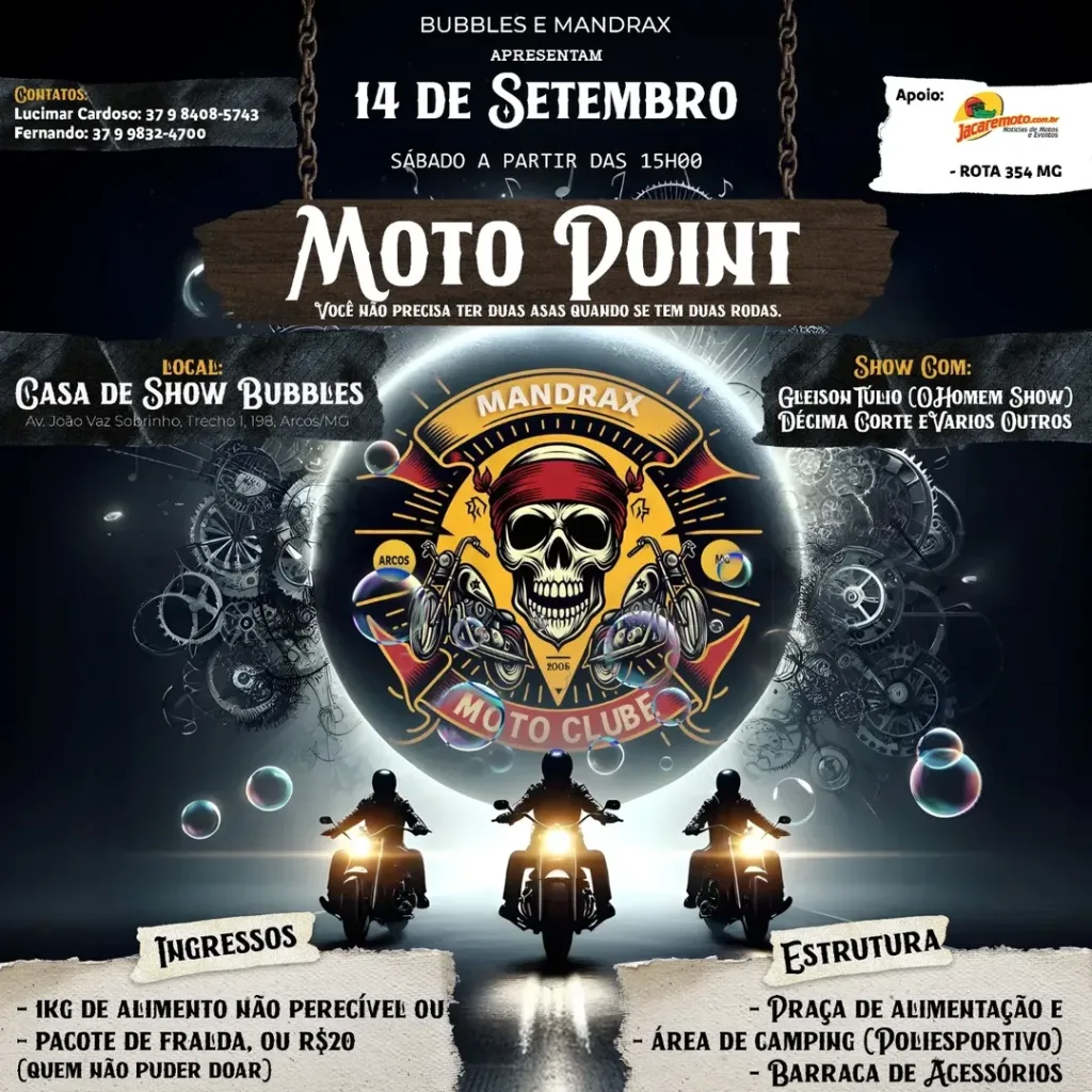 Motopoint do MC Mandrax – 14/09/2024 a 15/09/2024 – Bubbles Casa de Show | Arcos – MG