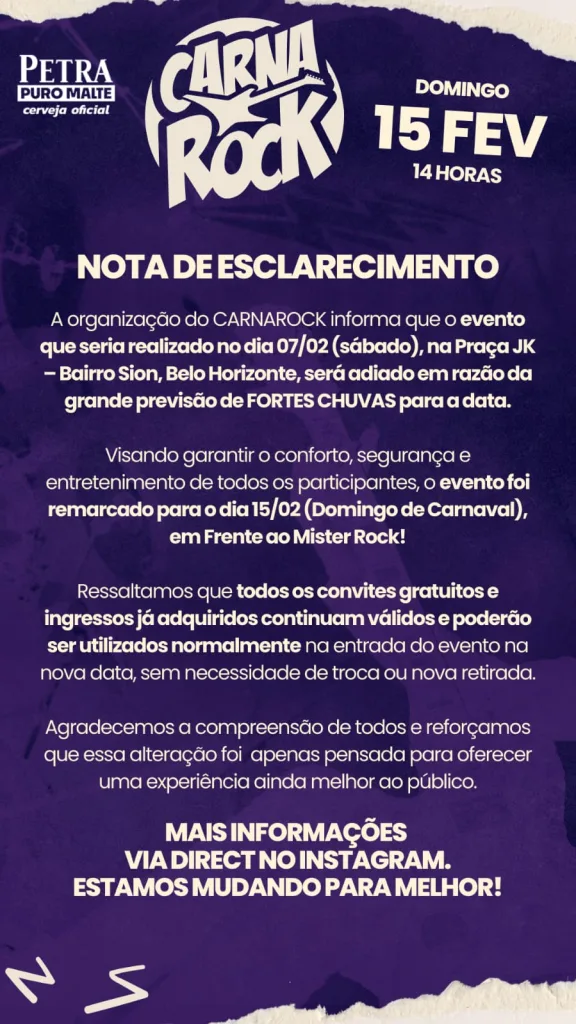 [ADIADO] CARNA ROCK 2026 – 15/02/2026 (Domingo) – Mister Rock | Belo Horizonte / MG